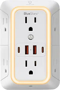 Wall Mount Power Strips Wall Charger 6 Outlet Extender 4 USB Ports (5V, 2.4A, 12W) and Night Light 3-Sided Power Strip with Adapter Spaced Outlets - Multi Plug Outlet Surge Protector, ETL Listed