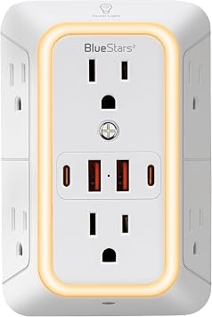 Wall Mount Power Strips Wall Charger 6 Outlet Extender 4 USB Ports (5V, 2.4A, 12W) and Night Light 3-Sided Power Strip with Adapter Spaced Outlets - Multi Plug Outlet Surge Protector, ETL Listed
