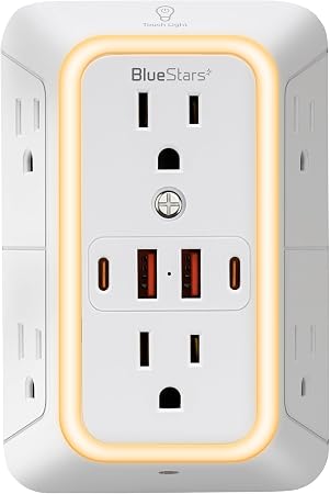 Wall Mount Power Strips Wall Charger 6 Outlet Extender 4 USB Ports (5V, 2.4A, 12W) and Night Light 3-Sided Power Strip with Adapter Spaced Outlets - Multi Plug Outlet Surge Protector, ETL Listed