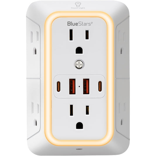 Wall Mount Power Strips Wall Charger 6 Outlet Extender 4 USB Ports (5V, 2.4A, 12W) and Night Light 3-Sided Power Strip with Adapter Spaced Outlets - Multi Plug Outlet Surge Protector, ETL Listed