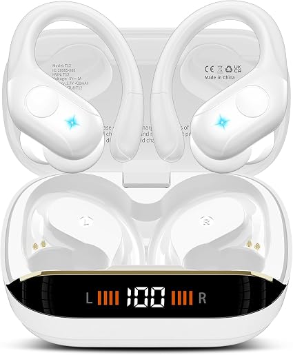 Qecnato Wireless Earbuds Bluetooth 5.4 Headphones 75H Stereo Deep Bass Sports Over Ear Buds with Earhooks, LED Display Bluetooth Earbuds with 4 ENC Mic, IP7 Waterproof Earphone for Running, Ivory