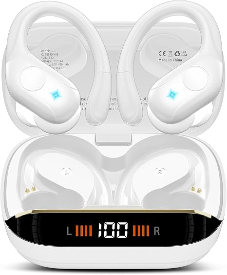 Qecnato Wireless Earbuds Bluetooth 5.4 Headphones 75H Stereo Deep Bass Sports Over Ear Buds with Earhooks, LED Display Bluetooth Earbuds with 4 ENC Mic, IP7 Waterproof Earphone for Running, Ivory