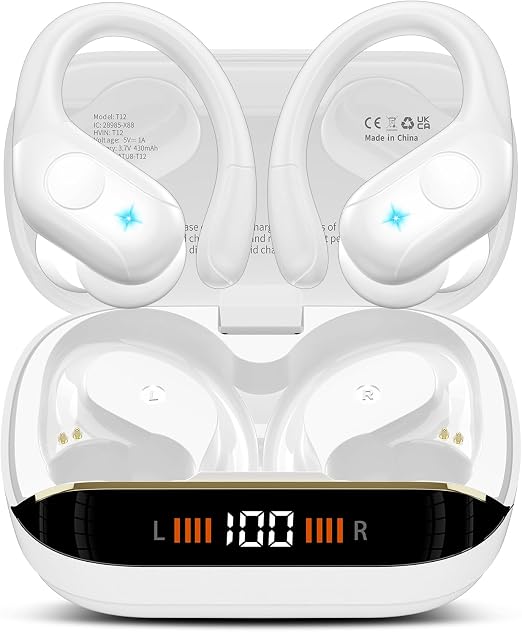 Qecnato Wireless Earbuds Bluetooth 5.4 Headphones 75H Stereo Deep Bass Sports Over Ear Buds with Earhooks, LED Display Bluetooth Earbuds with 4 ENC Mic, IP7 Waterproof Earphone for Running, Ivory