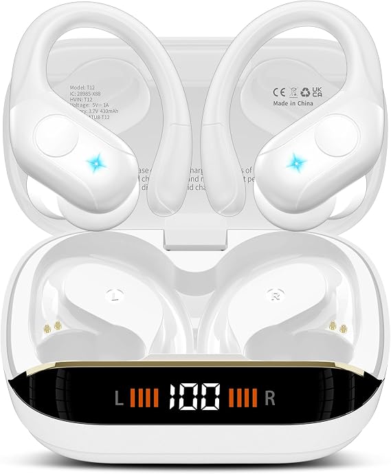Qecnato Wireless Earbuds Bluetooth 5.4 Headphones 75H Stereo Deep Bass Sports Over Ear Buds with Earhooks, LED Display Bluetooth Earbuds with 4 ENC Mic, IP7 Waterproof Earphone for Running, Ivory