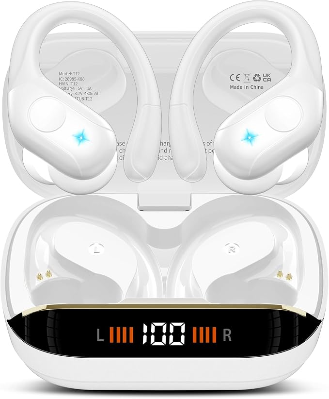 Qecnato Wireless Earbuds Bluetooth 5.4 Headphones 75H Stereo Deep Bass Sports Over Ear Buds with Earhooks, LED Display Bluetooth Earbuds with 4 ENC Mic, IP7 Waterproof Earphone for Running, Ivory