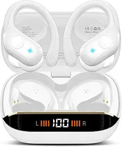 Qecnato Wireless Earbuds Bluetooth 5.4 Headphones 75H Stereo Deep Bass Sports Over Ear Buds with Earhooks, LED Display Bluetooth Earbuds with 4 ENC Mic, IP7 Waterproof Earphone for Running, Ivory