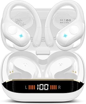 Qecnato Wireless Earbuds Bluetooth 5.4 Headphones 75H Stereo Deep Bass Sports Over Ear Buds with Earhooks, LED Display Bluetooth Earbuds with 4 ENC Mic, IP7 Waterproof Earphone for Running, Ivory