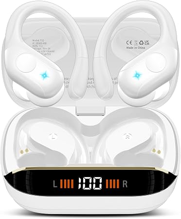 Qecnato Wireless Earbuds Bluetooth 5.4 Headphones 75H Stereo Deep Bass Sports Over Ear Buds with Earhooks, LED Display Bluetooth Earbuds with 4 ENC Mic, IP7 Waterproof Earphone for Running, Ivory