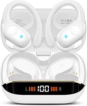 Qecnato Wireless Earbuds Bluetooth 5.4 Headphones 75H Stereo Deep Bass Sports Over Ear Buds with Earhooks, LED Display Bluetooth Earbuds with 4 ENC Mic, IP7 Waterproof Earphone for Running, Ivory - Image 1