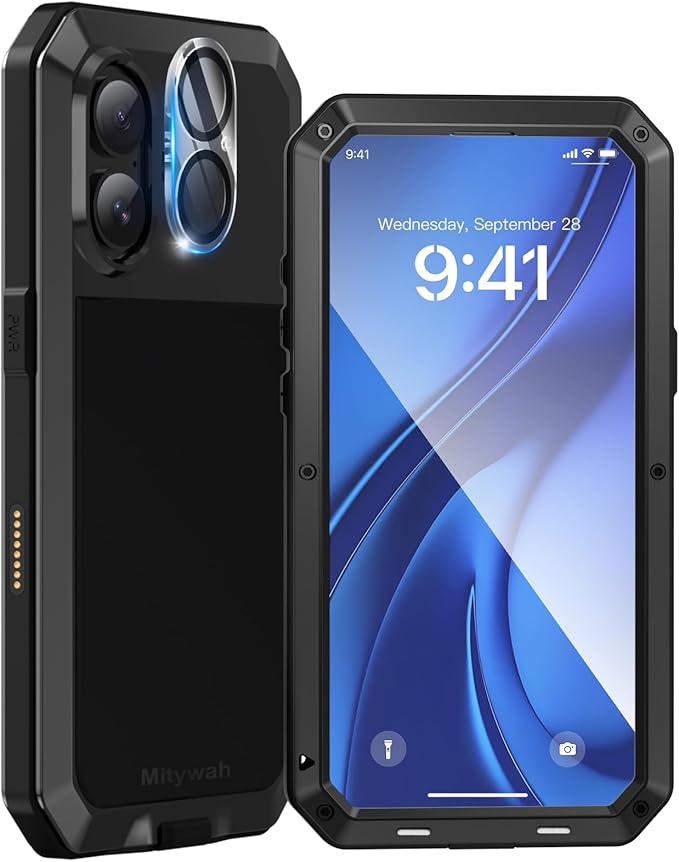Mitywah Metal Case for iPhone 16 Plus, Heavy Duty Rugged Phone Case Built-in 9H Temperd Screen Protector, Military Grade Full Body Protective Dual Layer Bumper Protective Case for 16 Plus 6.7" Black