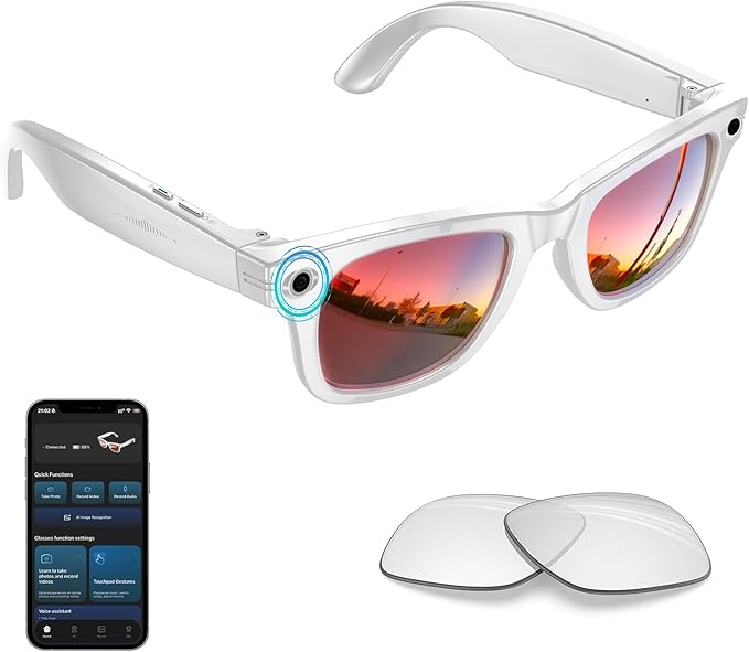 AI Smart Glasses with Camera, 8MP HD Video/Recording Camera Glasses for Men Women (139 Languages), Real-Time Translation, AI Object Recognition, IP65 Waterproof, Bluetooth Sunglasses for Vlog Travel