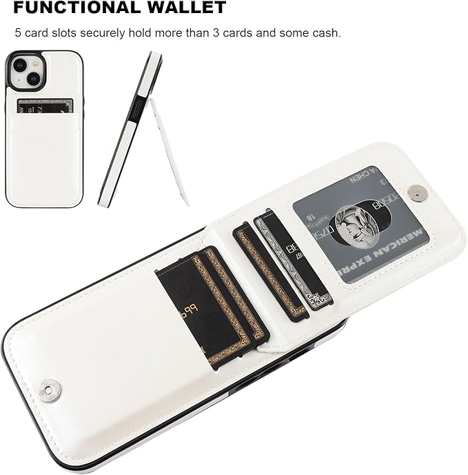 KIHUWEY Compatible with iPhone 15 Case Wallet with Credit Card Holder, Flip Premium Leather Magnetic Clasp Kickstand Heavy Duty Protective Cover for iPhone 15 6.1 Inch (White)