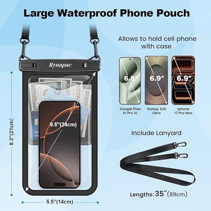 [Up to 10"] Large Waterproof Phone Pouch Bag - 2 Pack IPX8 Waterproof Phone Case for iPhone 17 16 15 Pro Max Galaxy S26 S25 Ultra, Touchscreen & Underwater Photography, Beach Cruise Travel Essentials