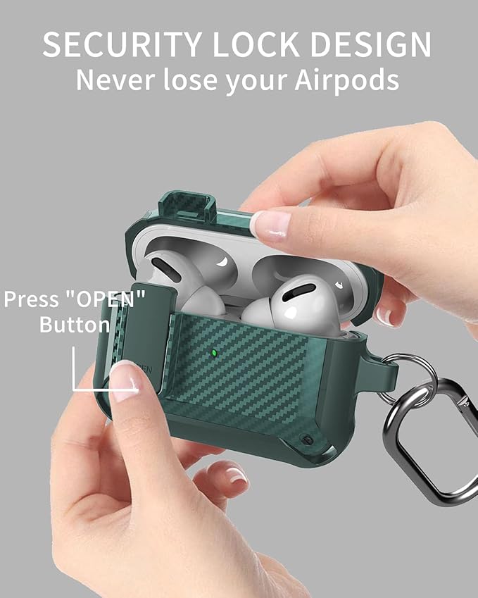 for Airpods Pro 2/1 Gen Case Cover with Lock Clip (2019/2022/2023), Rugged Locking Protective Case for Airpod Pro 2nd Generation Shockproof Armor Skin for Apple iPod Pro, Army Green