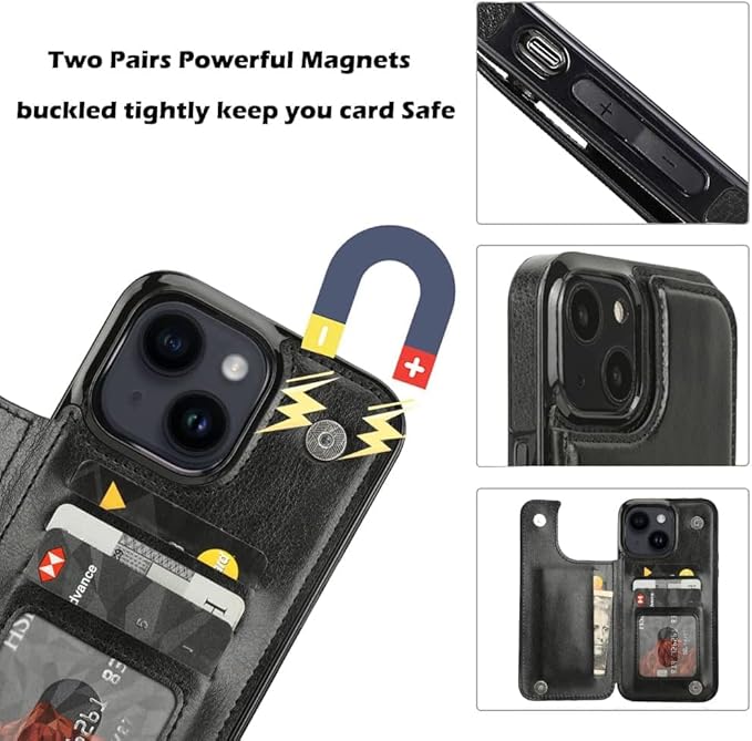 uCOLOR Compatible with iPhone 14/15 Plus 6.7" Wallet Case with Card Holder Slots Folio Flip PU Leather Kickstand Magnetic Clasp and RFID Blocking Cover (Black Leopard)