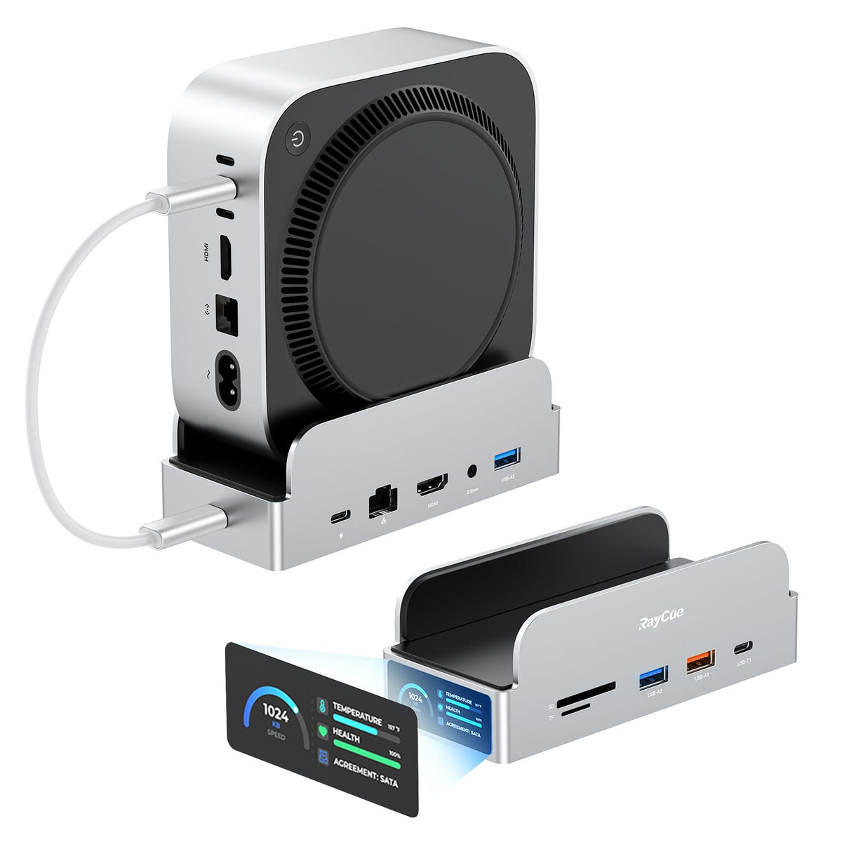 RayCue SmartDock Pro for Mac mini M6, M5 Pro, M4 Dock Stand with M.2 NVMe SSD Enclosure, 4K 60Hz HDMI, 10Gbps USB-C/A, Gigabit Ethernet, SD/TF Card Readers – Space-Saving Vertical Hub
