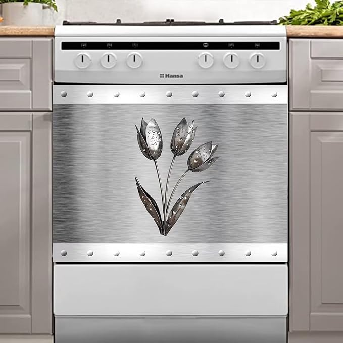 Artificial Metal Effect Dishwasher Cover Magnet Kitchen Decor, Stainless Steel Flower Effect Dishwasher Magnet Cover Front Door Panel Decal, Refrigerator Magnetic Decals 23'' W x 17'' H