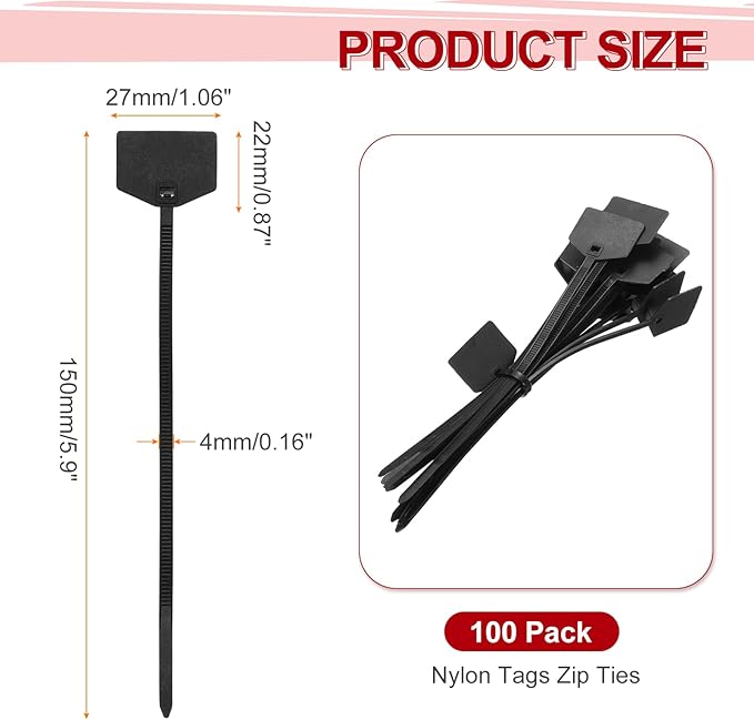 MECCANIXITY 100Pcs 6 Inch Waterproof Shipping Tags 0.16" Nylon Writable Hanging Tag Self Locking Labels Zip Tie Wraps for Indoor and Outdoor, Black