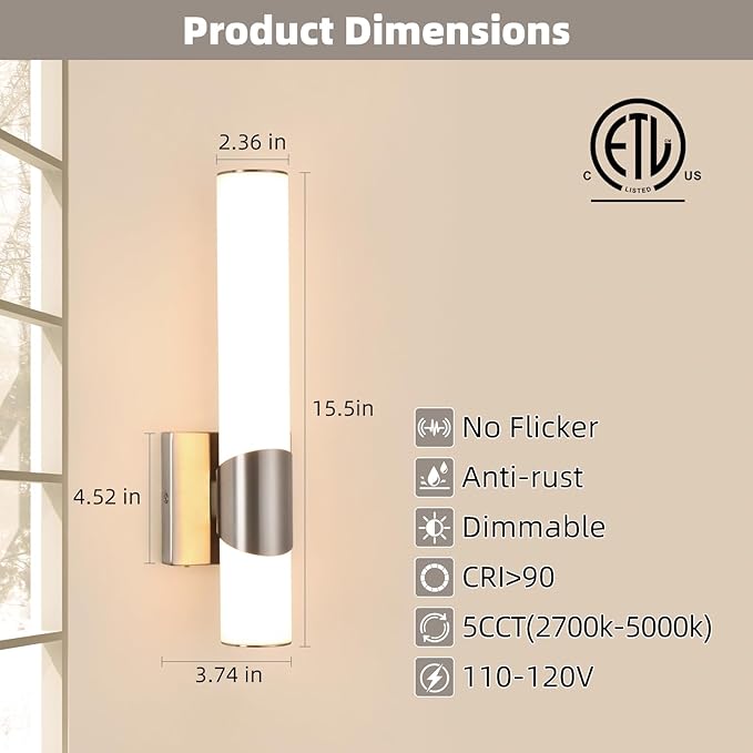 5CCT Wall Sconce Brushed Nickel Dimmable Bathroom Sconce with Acrylic Shade LED Hardwired Wall Light Fixtures for Bathroom Living Room Bedroom Hallway