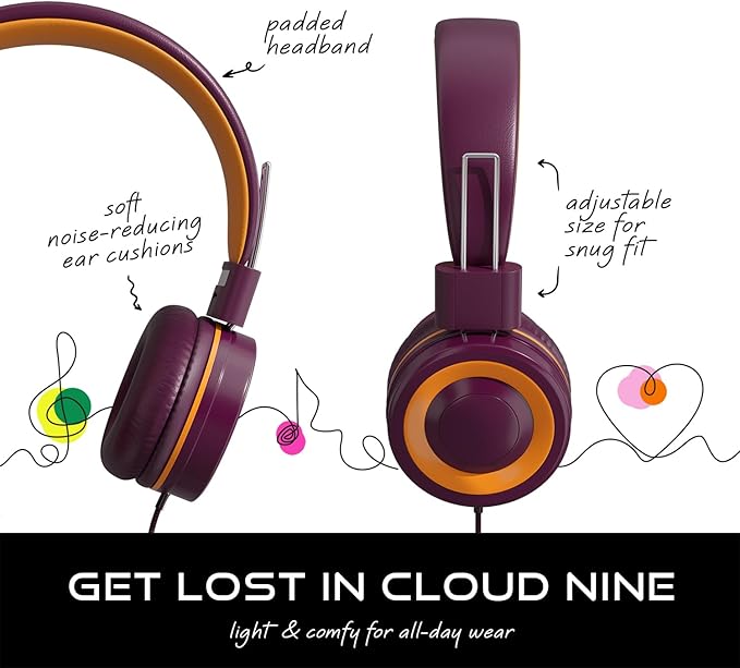 Kids Headphones with Cord, Foldable Over Ear Headphones for Kids with Microphone, Tangle-free Wired 85dB Safe Volume Toddler Headphones for iPad, School, and Airplane – Maroon