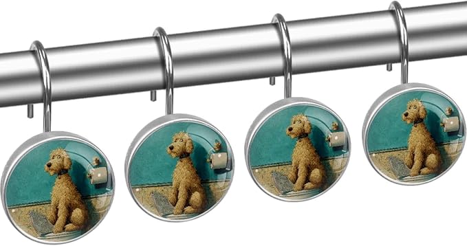 Dog on The Toilet Shower Curtain Hooks 12Pcs, Decorative Rust Resistant Shower Rings for Shower Curtain Rods, Stainless Steel Round Curtain Hooks for Bathroom, Bedroom, Farmhouse