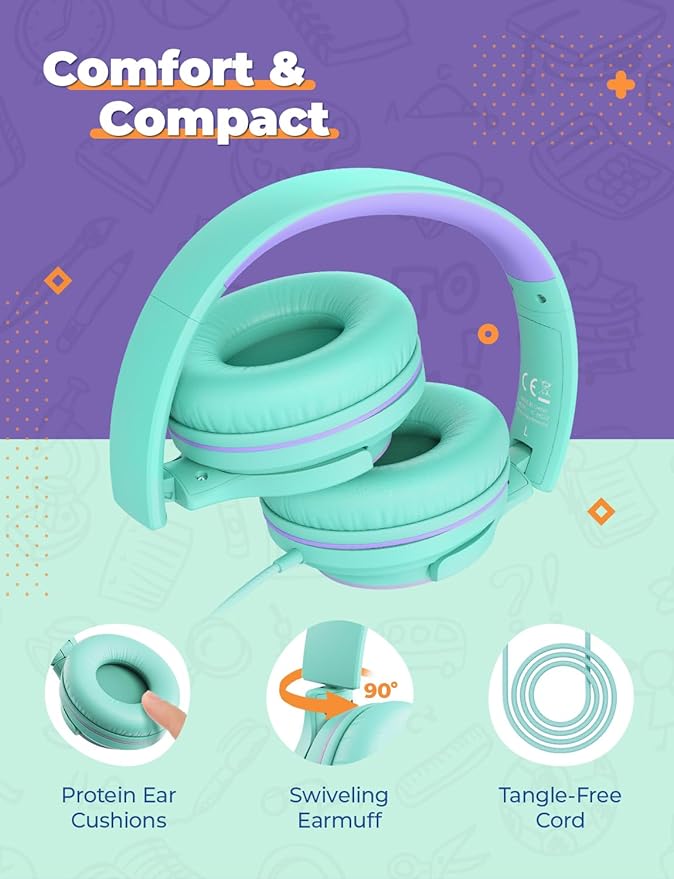 iClever 2Pack Kids Headphones with Sharing Splitter - 85dBA Safe Volume Limited - HS22 Wired Headphones for Kids Teens, Tangle-Free 3.5mm Jack Foldable Stereo for School/Tablet/Travel
