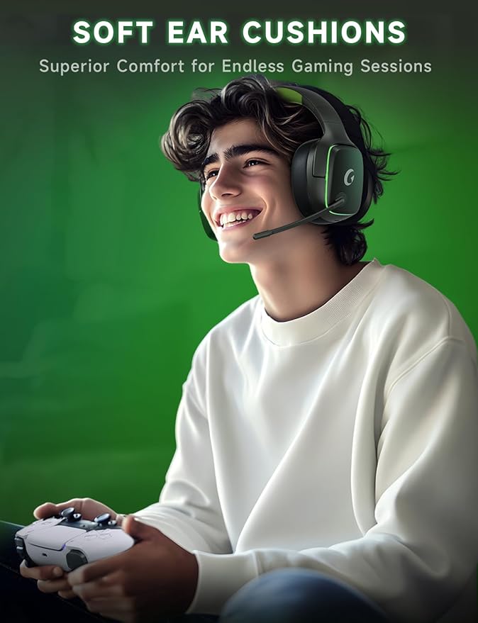 2.4GHz Wireless Gaming Headsets for PS5, PS4, PC, Switch - Bluetooth 5.3 Gaming Headphones with Noise Canceling Mic, 7.1 Surround Sound, 70H Battery, Blue Lighting - Black Green