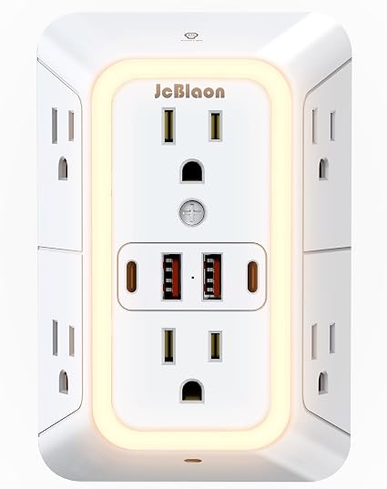 Wall Outlet Extender with Night Light, Power Plug Adapter 6 Outlet Extender with 4 USB Charging Ports 1050J Power Strip Multi Plug Adapter Spaced for Home Travel Office (2U2C)-ETL - Image 4
