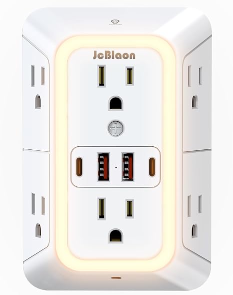 Wall Outlet Extender with Night Light, Power Plug Adapter 6 Outlet Extender with 4 USB Charging Ports 1050J Power Strip Multi Plug Adapter Spaced for Home Travel Office (2U2C)-ETL - Image 5