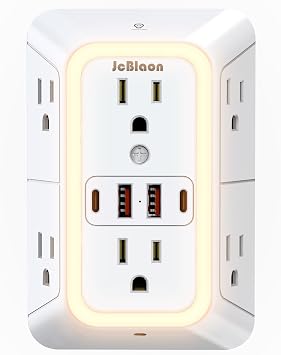 Wall Outlet Extender with Night Light, Power Plug Adapter 6 Outlet Extender with 4 USB Charging Ports 1050J Power Strip Multi Plug Adapter Spaced for Home Travel Office (2U2C)-ETL - Image 2