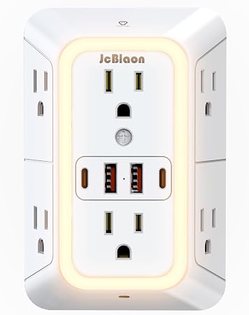 Wall Outlet Extender with Night Light, Power Plug Adapter 6 Outlet Extender with 4 USB Charging Ports 1050J Power Strip Multi Plug Adapter Spaced for Home Travel Office (2U2C)-ETL - Image 3
