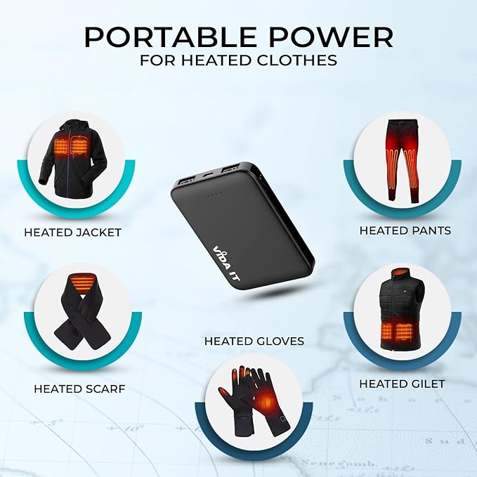 Vida IT 2-Pack Ultra Compact Power Bank Battery Pack for Heated Vest Jacket Coat Scarf Socks, 5000mAh USB Power Pack Portable Charger for iPhone Samsung Android Phone, Lightweight and Small 2A 5V DC