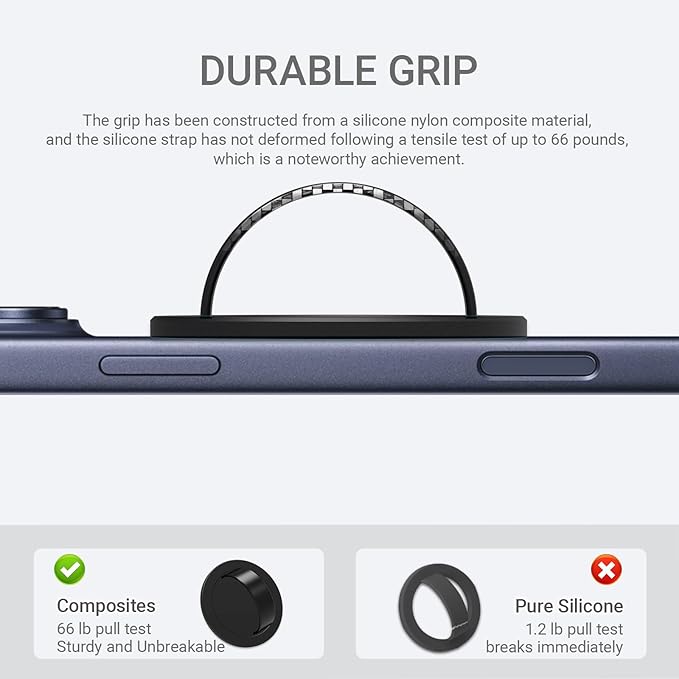 Grat 3 Lite Magnetic Phone Loop, [Nylon-core Silicone Strap] 360° Rotatable Phone Grip, Detachable Finger Holder Compatible with Magsafe for iPhone 16 15 14 13 12 Pro/max, Black