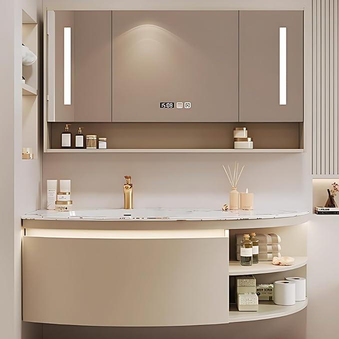 40IN Floating Bathroom Vanity, Wall Mounted Wood Sink Cabinet with Smart Sensor LED Light Strip & Open Style Side Cabinet | LED Lights & Defogging Function, Single Sink Vanities Set (Beige)
