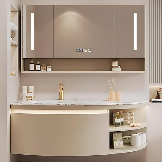 42IN Floating Bathroom Vanity, Wall Mounted Wood Sink Cabinet with Smart Sensor LED Light Strip & Open Style Side Cabinet | LED Lights & Defogging Function, Single Sink Vanities Set (Beige)