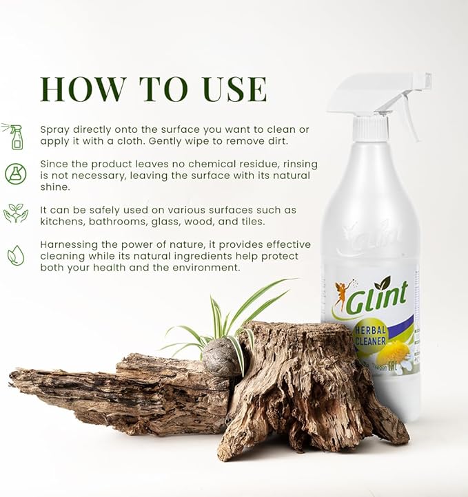 Glint Multi-Purpose Herbal Cleaner, Plant-Based, Eco-Friendly, Stain & Grease Remover, 1000 ml (33.8 fl oz), Safe for Home, Family & Pets, Alcohol-Free, Chemical-Free