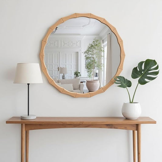 24" Circle Scalloped Mirror,Round Wavy Edge Wall Mirror for Bathroom,Nature Farmhouse Vanity Mirror with Bamboo Framed Hanging Leaning for Bedroom Living Room Entryway