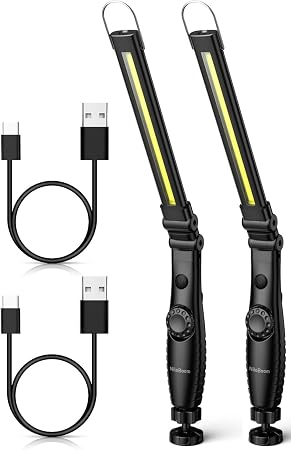 LED Work Light，800 Lumens Foldable Rechargeable Cob Work Light with Magnetic Base& Hook, 360°Swivel Flashlight, USB Cable for Car Repair, Home, Garage, Emergency and Outdoor Camping (2 Pack)