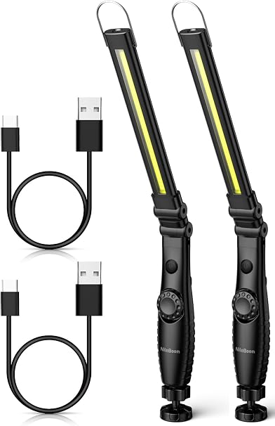 LED Work Light，800 Lumens Foldable Rechargeable Cob Work Light with Magnetic Base& Hook, 360°Swivel Flashlight, USB Cable for Car Repair, Home, Garage, Emergency and Outdoor Camping (2 Pack)