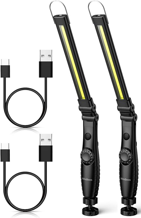 LED Work Light，800 Lumens Foldable Rechargeable Cob Work Light with Magnetic Base& Hook, 360°Swivel Flashlight, USB Cable for Car Repair, Home, Garage, Emergency and Outdoor Camping (2 Pack)
