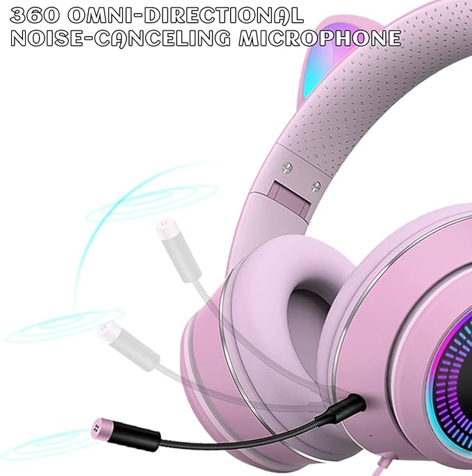 Cat Ear Gaming Headphones Wired AUX 3.5mm with LED Light, VIGROS Flashing Stereo Game Headphones Surround Sound Over-Ear Headsets with Microphone Fit Kids & Adult for PC, PS4, Switch, Mobile, Laptop