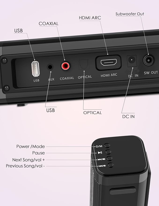 2 in 1 Separable Sound Bar for Smart TV with Subwoofer, Bluetooth 5.0 Surround Sound System for Home Theater, ARC/Optical/Aux/USB TV Speaker, Treble/Bass Adjust, 10 EQ Modes, Remote Included