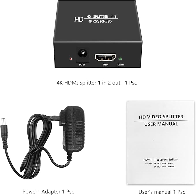 4K 1x2 HDMI Splitter1 in 2 Out, 2 Port Powered hdmi Splitters 4K@30Hz Dual Monitors Duplicate/Mirror (Not Extend) for PS4 /HDTV/Projector