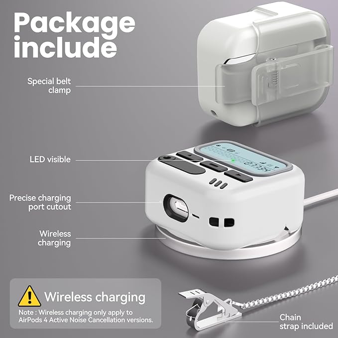(with Safety Lock) Pager Cases for AirPods 4 Case Cover 2024 with Cleaner Kit,Sturdy Hard PC Protective for Apple AirPods 4th Generation Case for Men Women,AirPods 4 Accessories with Keychain-White