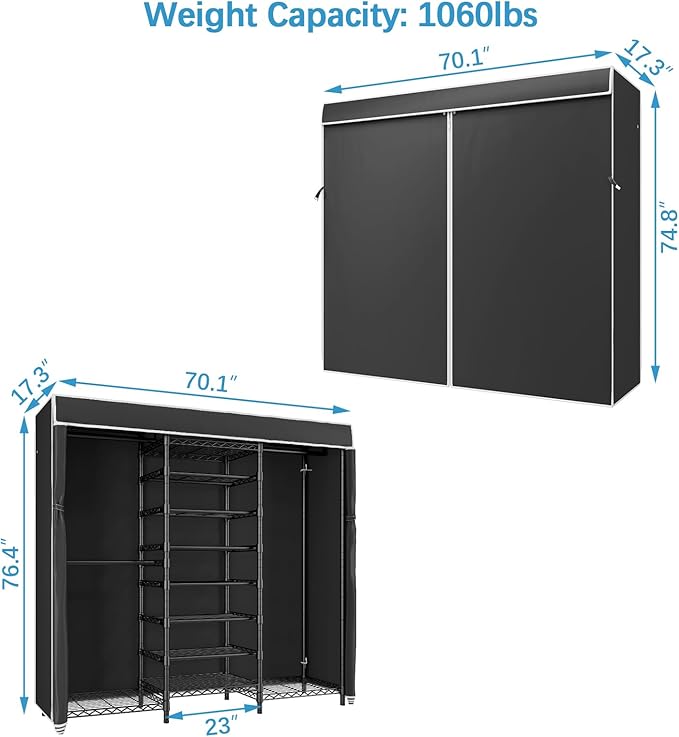 VIPEK S3C Heavy Duty Covered Clothes Rack Portable Closet Rack, Black Metal Clothing Rack with Black Upgarded Polyester Cover, Adjustable Custom Freestanding Closet Wardrobe, Max Load 1060LBS