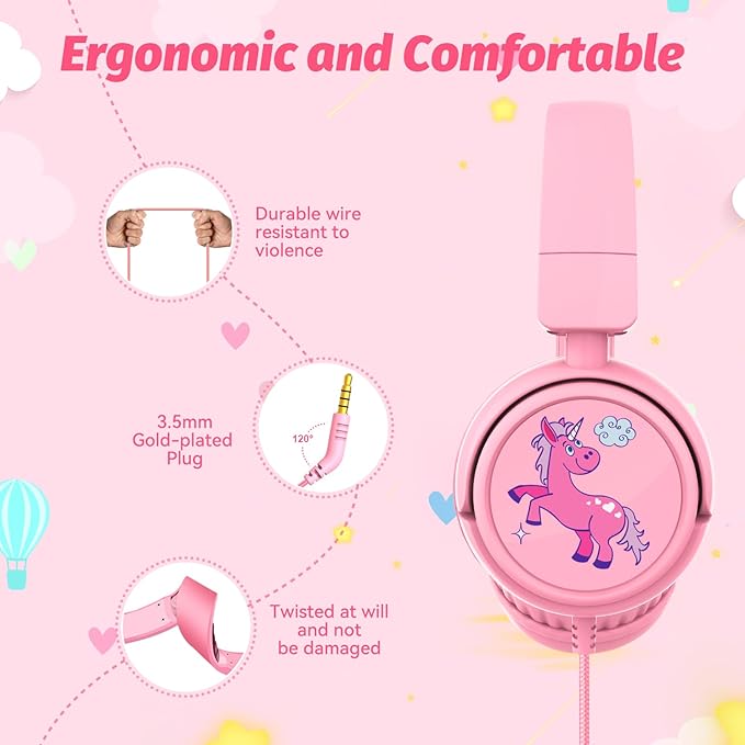 Kids Headphones with Cord for School, 85/94dB Volume Limit Headphones for Kids, Portable Wired Headphone with Shareport, Stereo Sound Foldable Headset for School/Tablet/iPad/Kindle (Pink)