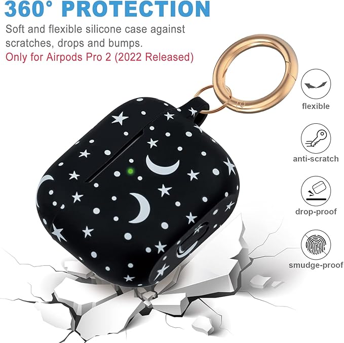 Moon Star Silicone Compatible with AirPods Pro 2 Case 2022/2023, Gawnock Soft Case Compatible with AirPods Pro 2nd Generation Print Women Girls with Keychain - Moon/Star