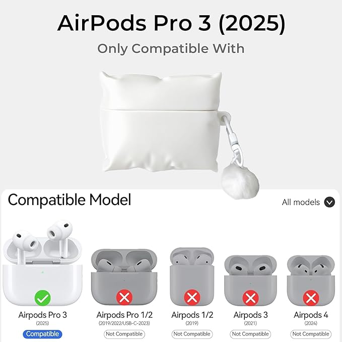for AirPods Pro 3 Case 2025 - Cute White Pillow Cover with Pendant Keychain,Soft Shockproof for AirPods Pro 3rd Generation, for Girls Women Kids