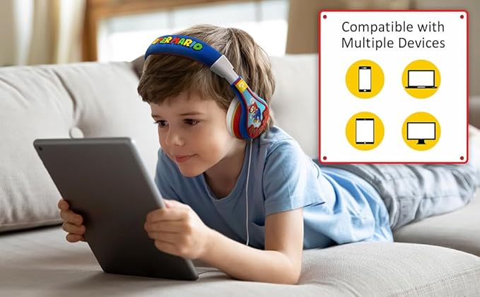 eKids Super Mario Kids Headphones, Adjustable Headband, Stereo Sound, 3.5Mm Jack, Wired Headphones for Kids, Tangle-Free, Volume Control, Childrens Headphones Over Ear for School Home, Travel