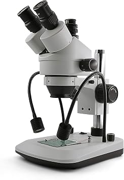 Swift S7-TGL-CA05 Trinocular Stereo Microscope, 7X-45X Zoom, WF10X Eyepieces, Gooseneck & Transmitted LED Lights, Pillar Stand, 110V